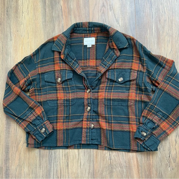 American Eagle Orange and Green Cropped Plaid Shirt - Picture 9 of 13